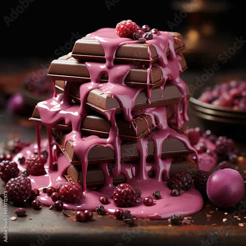 Obraz na płótnie chocolate bars with berries sauce dripping, winter holidays concept, ruby colour w salonie