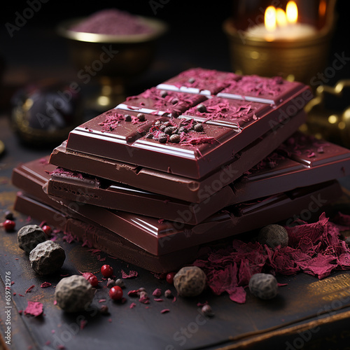 Obraz na płótnie bars of chocolate with red spices over holidays background with candle w salonie