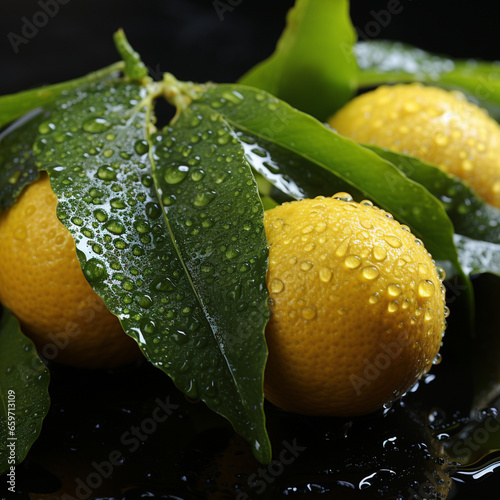 lemon with green leaves on black background with water drops