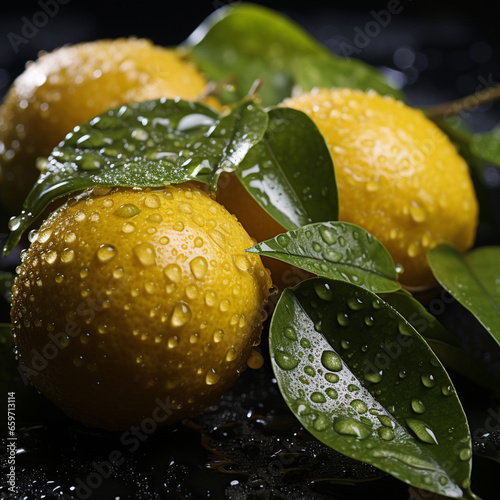 lemon with green leaves on black background with water drops