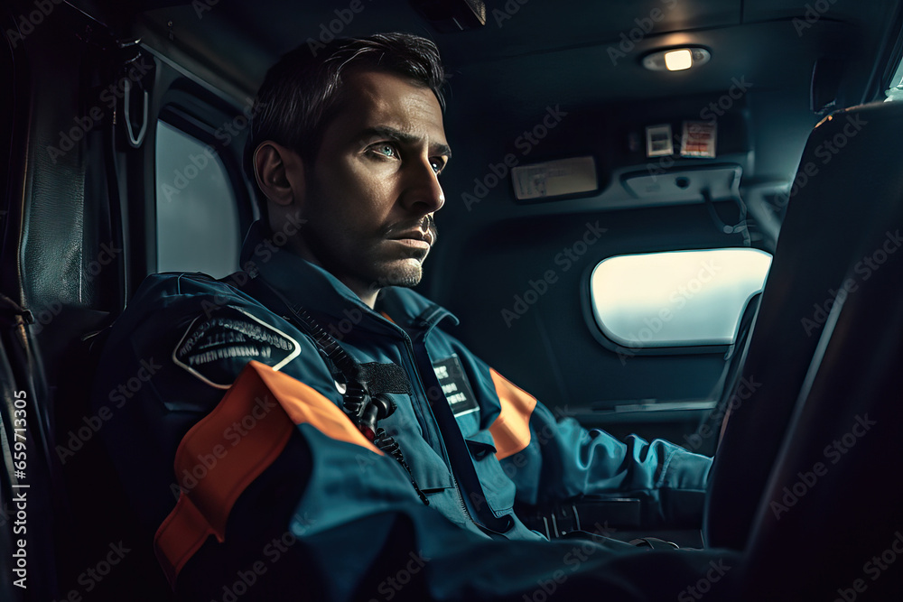 Exhausted paramedic sitting in the driver's seat Exhausted paramedic sitting in the driver's seat