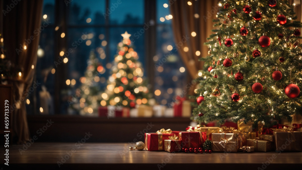 Decorated Christmas tree on blurred background. Backdrop with copy space
