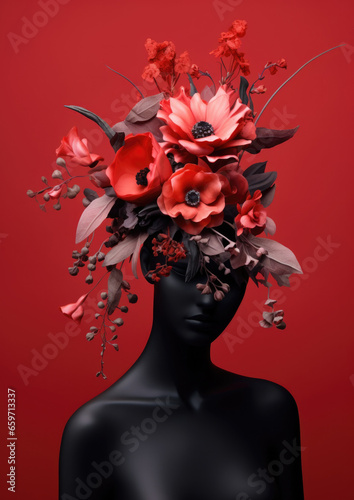 Black womans face covered by a bouquet of flowers     Collage style editorial illustration
