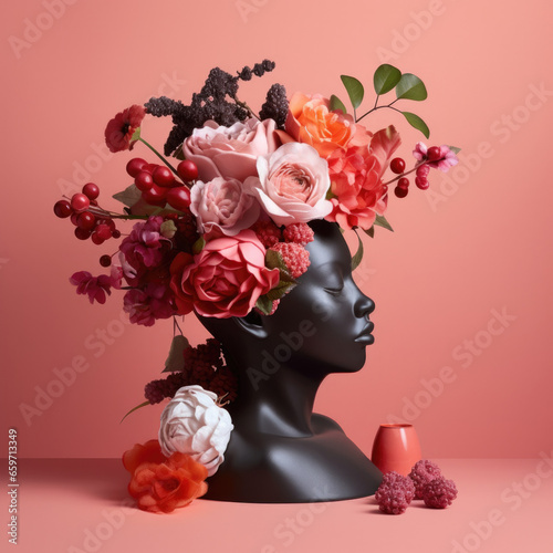 Black womans face covered by a bouquet of flowers — Collage style editorial illustration
