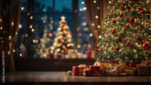 Decorated Christmas tree on blurred background. Backdrop with copy space