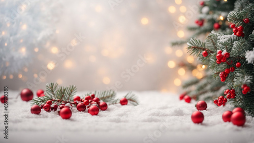 White Christmas background with Christmas tree branches and red berries, winter festive composition with copy space