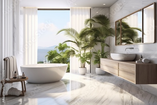 Stylish interior of modern luxury white bathroom  Decorated with wooden sink counter sunlight shine into the room.