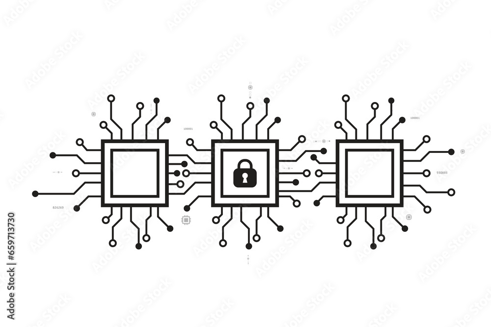 circuit board vector with cpu microchip and lock password on white background circuit board vector with cpu microchip and lock password on white background