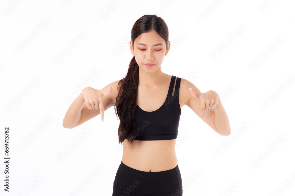 Portrait of beautiful young asian woman in sportswear smile and presenting isolated on white background, sport and exercise for health and weightloss, female and slimming showing something. Portrait of beautiful young asian woman in sportswear smile and presenting isolated on white background, sport and exercise for health and weightloss, female and slimming showing something.