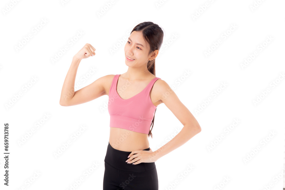 Portrait of beautiful young asian woman in sportswear showing strong muscles isolated on white background, sport and exercise for health, training and strength, female slimming with confident. Portrait of beautiful young asian woman in sportswear showing strong muscles isolated on white background, sport and exercise for health, training and strength, female slimming with confident.