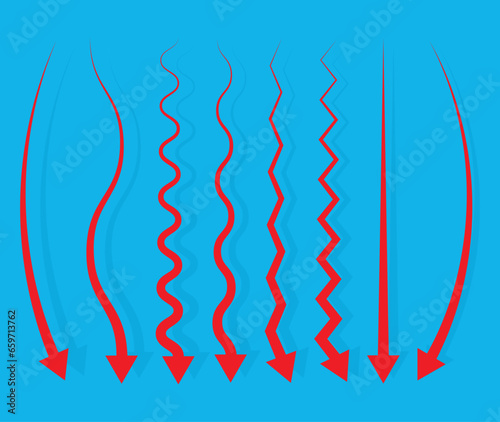 Different red colorful arrows set vector illustrations.