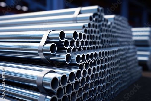 High quality steel pipe or aluminum in stack waiting for shipment in warehouse, Steel industry.