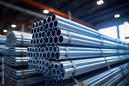 High quality steel pipe or aluminum in stack waiting for shipment in warehouse, Steel industry. photo