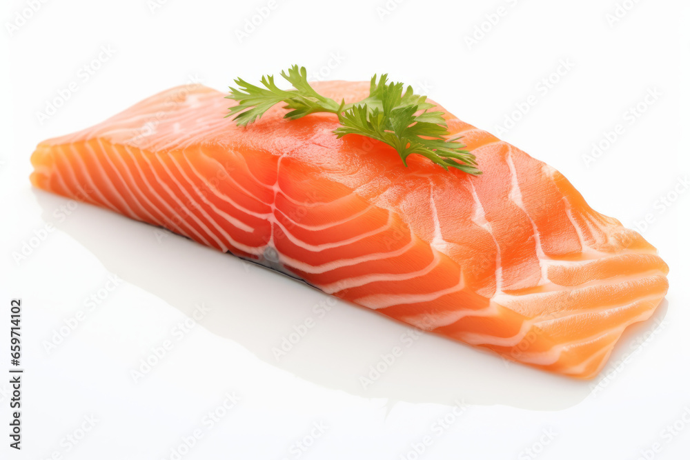 Delicious fish salamon steak with coriander , Japanese food, white background