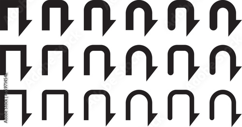 モノクロのUターン矢印、戻り矢印のベクターイラストセット