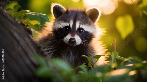 Portrait of cute raccoon animal in the jungle.
