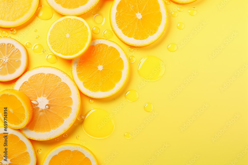 Citrus Fruits in Yellow Water Banner with Concentric Circles and Ripples - Created with Generative AI Tools Citrus Fruits in Yellow Water Banner with Concentric Circles and Ripples - Created with Generative AI Tools