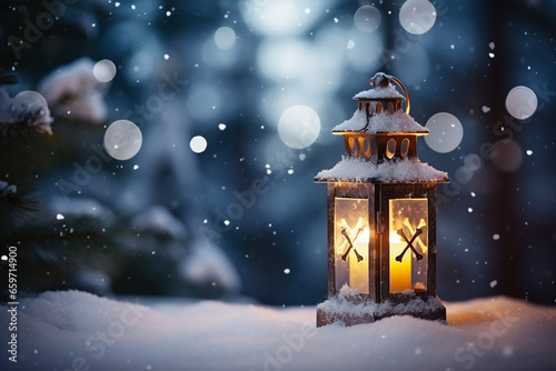 Christmas Lantern On Snow With Fir Branch In Evening Scene - Created with Generative AI Tools
