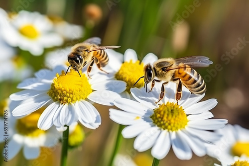 Close-Up Group of Bees on a Daisy Flower - Created with Generative AI Tools