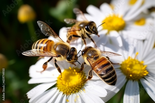 Close-Up Group of Bees on a Daisy Flower - Created with Generative AI Tools © ThePixelCraft