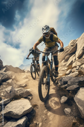 Cyclists riding a mountain electric bicycle steep uphill in harsh rocky terrain at a partly cloudy sunny sky photo