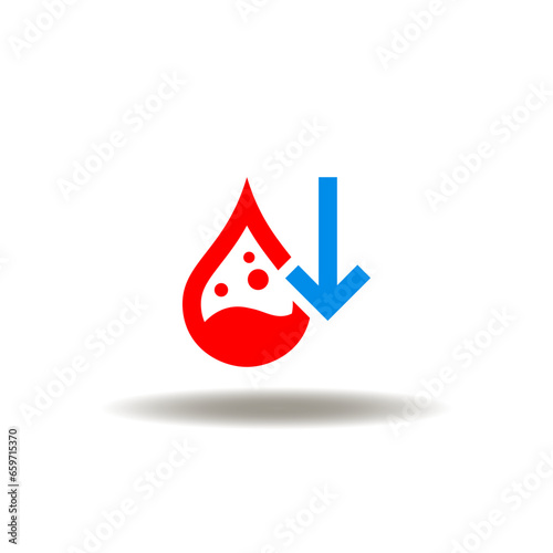 Vector illustration of blood drop with arrow down. Icon of low level cholesterol.