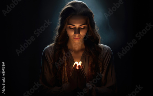 Woman praying in darkness