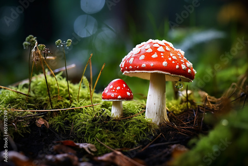 Fly Agaric Mushrooms Fungi with Dark Blur Background and Grass on Surface - Created with Generative AI Tools