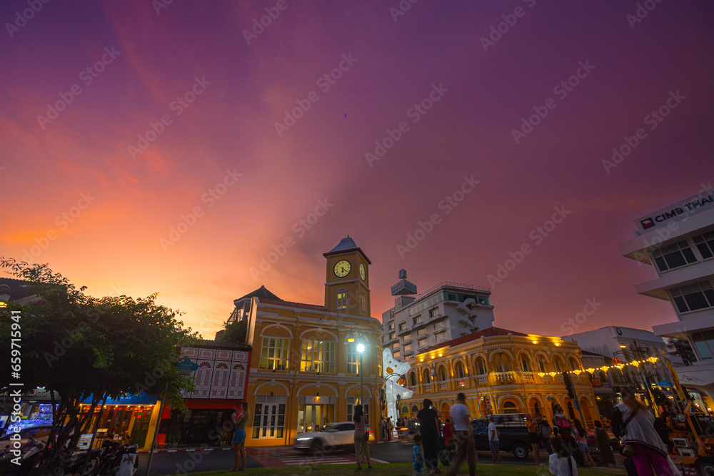 Phuket,Thailand-October,09,2023:.aerial view Sino-Portuguese architecture one of the landmarks in Phuket City in sunset..Bright colors along the Phuket city area at sunset..beautiful sky in twilight.