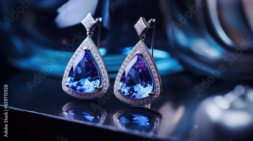 Close-up of elegant silver gemstone earrings, commercial photograph. A pair of Luxury expensive female earrings. 