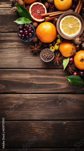 Composition with different autumn leaves and fruits on wooden background with space for text.