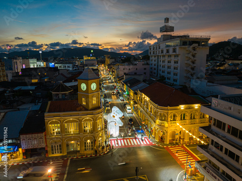 Phuket,Thailand-October,09,2023:.aerial view Sino-Portuguese architecture one of the landmarks in Phuket City in sunset..Bright colors along the Phuket city area at sunset..beautiful sky in twilight.