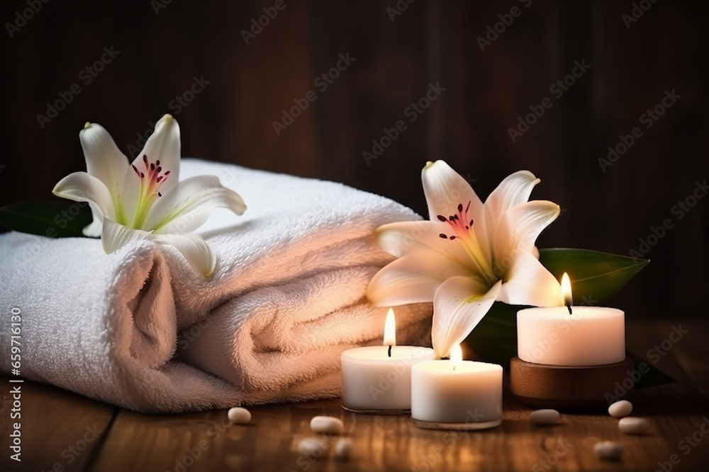 Spa Composition - Basalt Stones for Hot Massage and Aromatherapy on Wood Background - Created with Generative AI Tools Spa Composition - Basalt Stones for Hot Massage and Aromatherapy on Wood Background - Created with Generative AI Tools