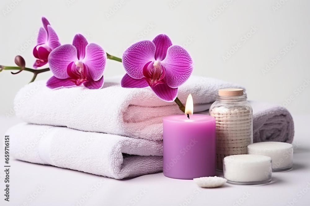 Tranquil Spa Setting with Orchid Flower, Candle, Soap, and Towels on White Background - Created with Generative AI Tools Tranquil Spa Setting with Orchid Flower, Candle, Soap, and Towels on White Background - Created with Generative AI Tools