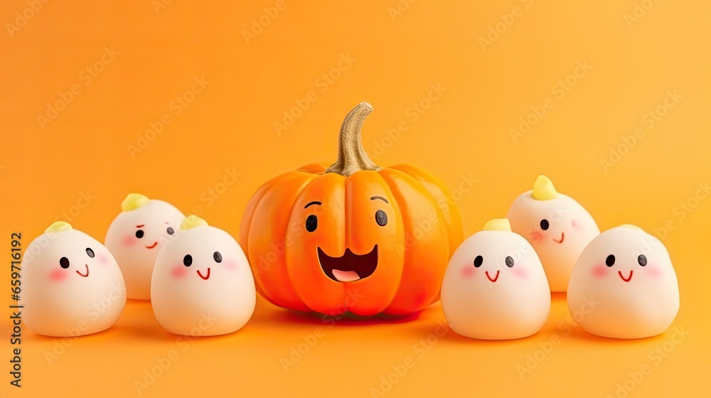 Halloween pumpkins background and copy space for text. cute smile pumpkins Horizontal banner