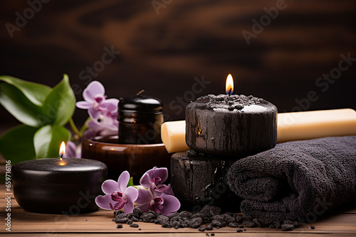 Spa Composition - Basalt Stones for Hot Massage and Aromatherapy on Wood Background - Created with Generative AI Tools