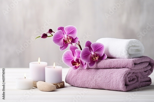 Tranquil Spa Setting with Orchid Flower, Candle, Soap, and Towels on White Background - Created with Generative AI Tools