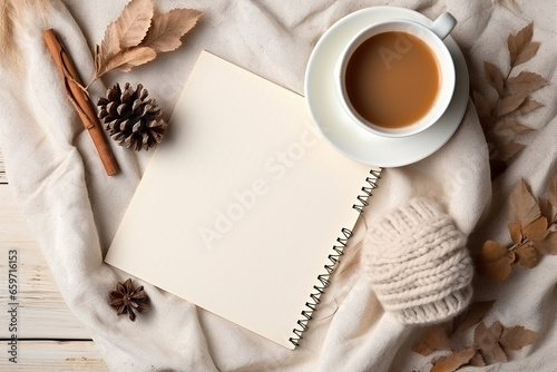 Winter Cozy Scene with Coffee Cup, Warm Sweater, and Vintage Letters - Created with Generative AI Tools