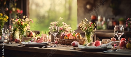 Prepare table for 4 people in rustic country house to celebrate Happy Easter in spring