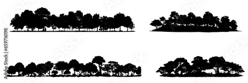 Set of illustration silhouette trees in the forest and foliage in summer. Row of trees and shrubs. isolated on white and transparent background, ai generate