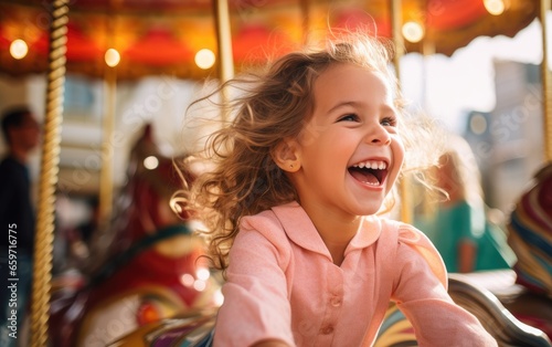 A happy child girl expressing excitement while having fun on a merry-go-round colorful carousel at an amusement park © piai