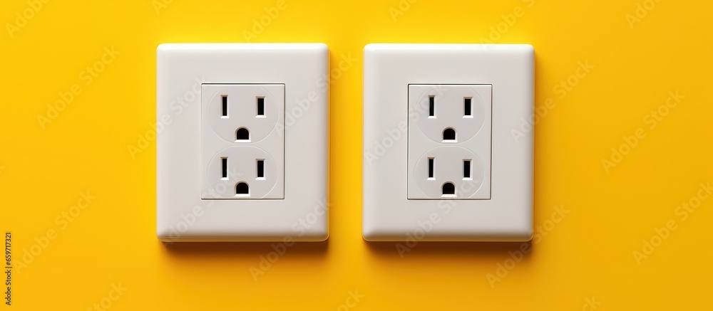 Realistic electrical socket and plug on yellow wall backdrop Realistic electrical socket and plug on yellow wall backdrop