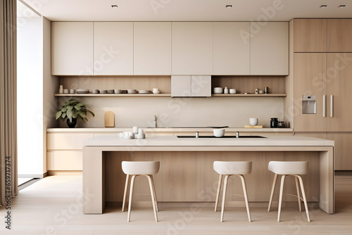 Minimalist modern clean kitchen interior design in minimal beige colors, warm and cozy feeling, clear space