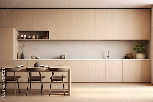 Minimalist modern clean kitchen interior design in minimal beige colors  warm and cozy feeling  clear space