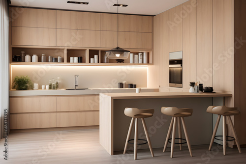 Minimalist modern clean kitchen interior design in minimal beige colors, warm and cozy feeling, clear space © Ayrum.Design