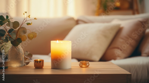 Romantic cozy candles background, Warm tones, Relaxation. Generative AI