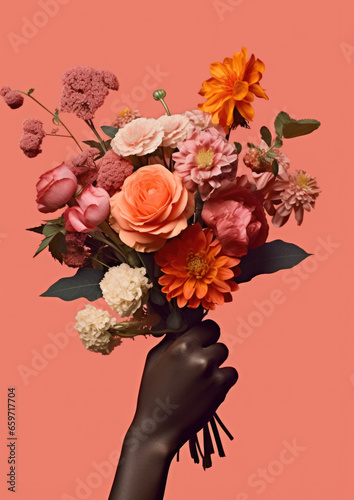 Collage of a black African American woman's hand holding a beautiful bunch of bespoke flowers, in a collage style photobash mockup - pink peachy floral colors and lots of details