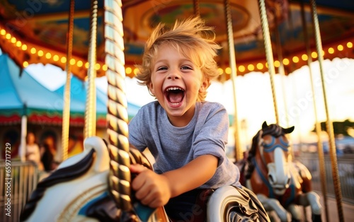 A happy child boy expressing excitement while having fun on a merry-go-round colorful carousel at an amusement park