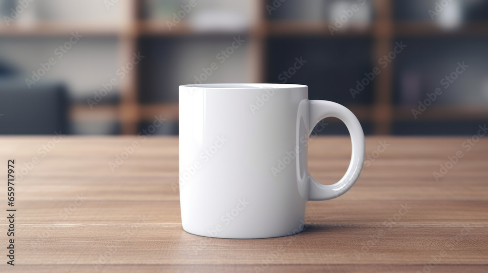 Fototapeta premium Blank white mug mockup on wooden table, Empty cup template. Generative AI