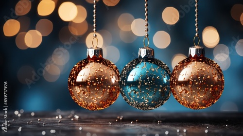 Christmas balls on blurred background, Christmas or New Year. copy space.